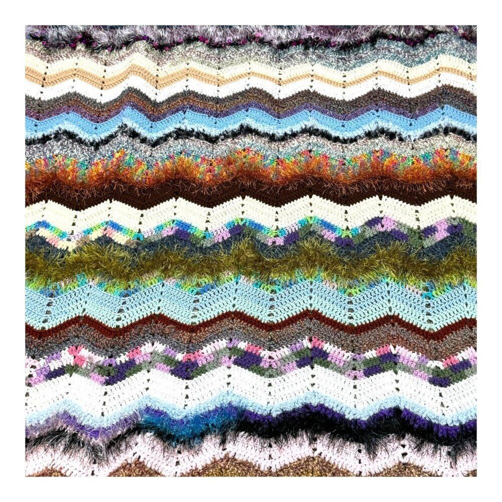 Handmade Crochet Chevron Glitter Yarn Boho Afghan Blanket Cozy & Warm 70x53